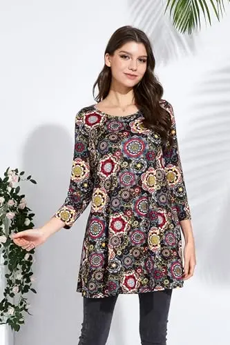 ENMAIN Women's Tops 3/4 Sleeve Dressy Casual Plus Size Tunic Tops to Wear with Leggings Swing Flare T-Shirt Loose Fit Blouses - 2