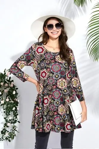ENMAIN Women's Tops 3/4 Sleeve Dressy Casual Plus Size Tunic Tops to Wear with Leggings Swing Flare T-Shirt Loose Fit Blouses - 5
