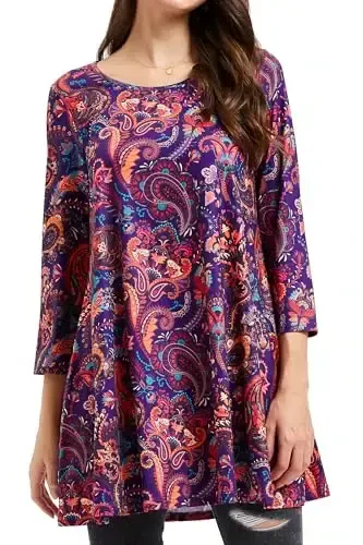 ENMAIN Women's Tops 3/4 Sleeve Dressy Casual Plus Size Tunic Tops to Wear with Leggings Swing Flare T-Shirt Loose Fit Blouses - 1