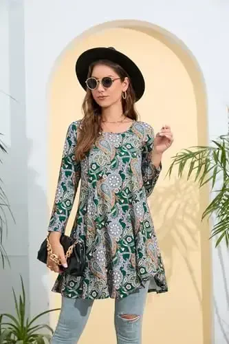 ENMAIN Women's Tops 3/4 Sleeve Dressy Casual Plus Size Tunic Tops to Wear with Leggings Swing Flare T-Shirt Loose Fit Blouses - 3