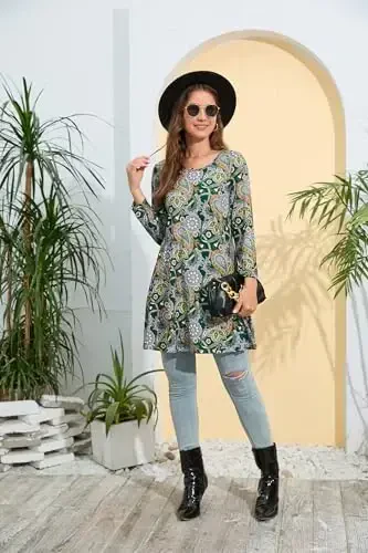 ENMAIN Women's Tops 3/4 Sleeve Dressy Casual Plus Size Tunic Tops to Wear with Leggings Swing Flare T-Shirt Loose Fit Blouses - 4