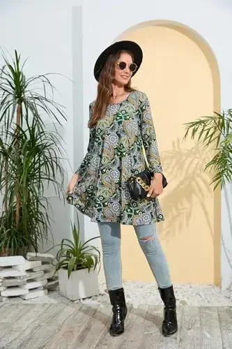 ENMAIN Women's Tops 3/4 Sleeve Dressy Casual Plus Size Tunic Tops to Wear with Leggings Swing Flare T-Shirt Loose Fit Blouses - 5