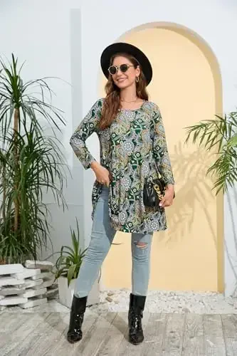 ENMAIN Women's Tops 3/4 Sleeve Dressy Casual Plus Size Tunic Tops to Wear with Leggings Swing Flare T-Shirt Loose Fit Blouses - 6