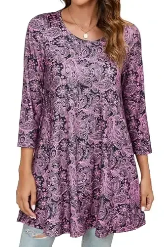 ENMAIN Women's Tops 3/4 Sleeve Dressy Casual Plus Size Tunic Tops to Wear with Leggings Swing Flare T-Shirt Loose Fit Blouses - 1