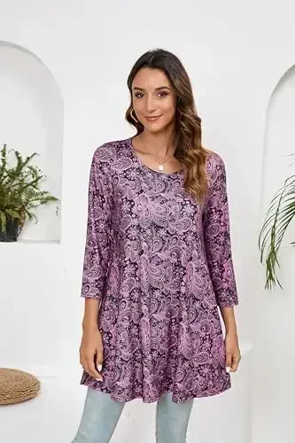ENMAIN Women's Tops 3/4 Sleeve Dressy Casual Plus Size Tunic Tops to Wear with Leggings Swing Flare T-Shirt Loose Fit Blouses - MODAZONE (1)