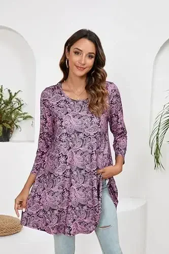 ENMAIN Women's Tops 3/4 Sleeve Dressy Casual Plus Size Tunic Tops to Wear with Leggings Swing Flare T-Shirt Loose Fit Blouses - 3