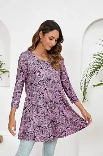 ENMAIN Women's Tops 3/4 Sleeve Dressy Casual Plus Size Tunic Tops to Wear with Leggings Swing Flare T-Shirt Loose Fit Blouses - 4