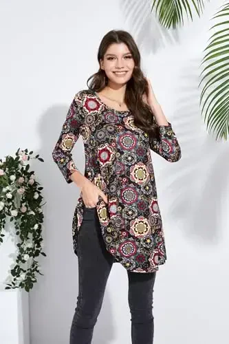 ENMAIN Women's Tops 3/4 Sleeve Dressy Casual Plus Size Tunic Tops to Wear with Leggings Swing Flare T-Shirt Loose Fit Blouses - 3