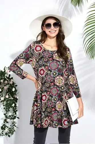 ENMAIN Women's Tops 3/4 Sleeve Dressy Casual Plus Size Tunic Tops to Wear with Leggings Swing Flare T-Shirt Loose Fit Blouses - 5