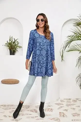ENMAIN Women's Tops 3/4 Sleeve Dressy Casual Plus Size Tunic Tops to Wear with Leggings Swing Flare T-Shirt Loose Fit Blouses - 6