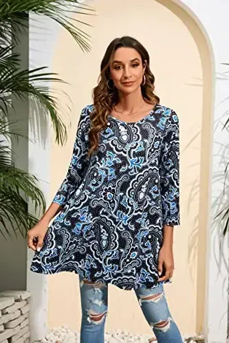 ENMAIN Women's Tops 3/4 Sleeve Dressy Casual Plus Size Tunic Tops to Wear with Leggings Swing Flare T-Shirt Loose Fit Blouses - MODAZONE (1)