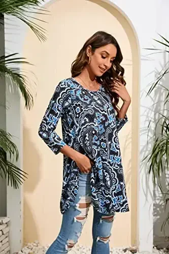 ENMAIN Women's Tops 3/4 Sleeve Dressy Casual Plus Size Tunic Tops to Wear with Leggings Swing Flare T-Shirt Loose Fit Blouses - 3