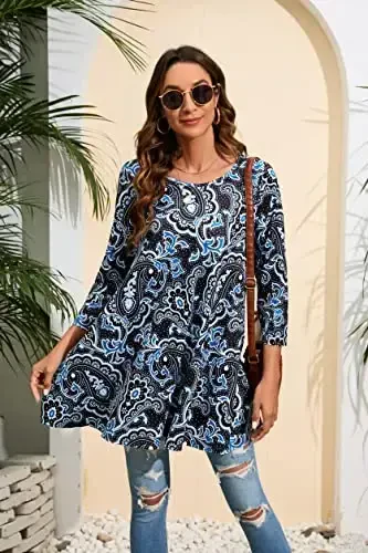 ENMAIN Women's Tops 3/4 Sleeve Dressy Casual Plus Size Tunic Tops to Wear with Leggings Swing Flare T-Shirt Loose Fit Blouses - 4