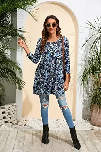 ENMAIN Women's Tops 3/4 Sleeve Dressy Casual Plus Size Tunic Tops to Wear with Leggings Swing Flare T-Shirt Loose Fit Blouses - 6