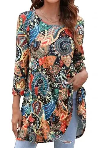 ENMAIN Women's Tops 3/4 Sleeve Dressy Casual Plus Size Tunic Tops to Wear with Leggings Swing Flare T-Shirt Loose Fit Blouses - MODAZONE