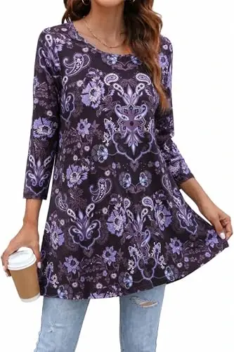 ENMAIN Women's Tops 3/4 Sleeve Dressy Casual Plus Size Tunic Tops to Wear with Leggings Swing Flare T-Shirt Loose Fit Blouses 
