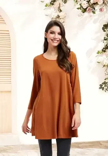 ENMAIN Women's Tops 3/4 Sleeve Dressy Casual Plus Size Tunic Tops to Wear with Leggings Swing Flare T-Shirt Loose Fit Blouses - 2