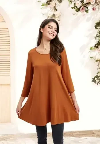ENMAIN Women's Tops 3/4 Sleeve Dressy Casual Plus Size Tunic Tops to Wear with Leggings Swing Flare T-Shirt Loose Fit Blouses - 3