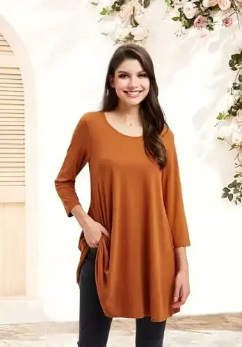ENMAIN Women's Tops 3/4 Sleeve Dressy Casual Plus Size Tunic Tops to Wear with Leggings Swing Flare T-Shirt Loose Fit Blouses - 5
