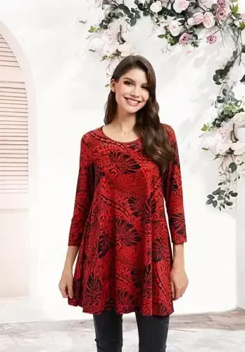 ENMAIN Women's Tops 3/4 Sleeve Dressy Casual Plus Size Tunic Tops to Wear with Leggings Swing Flare T-Shirt Loose Fit Blouses - 2