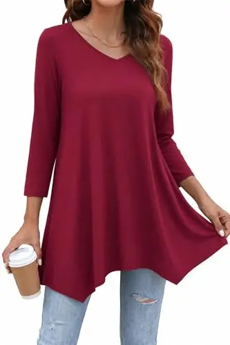 ENMAIN Women's Tops 3/4 Sleeve Dressy Casual Plus Size Tunic Tops to Wear with Leggings Swing Flare T-Shirt Loose Fit Blouses 