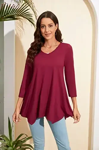 ENMAIN Women's Tops 3/4 Sleeve Dressy Casual Plus Size Tunic Tops to Wear with Leggings Swing Flare T-Shirt Loose Fit Blouses - 3