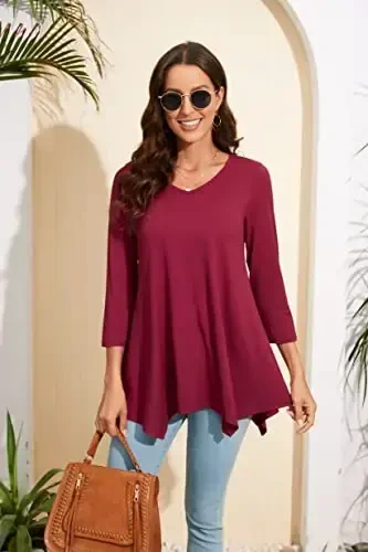 ENMAIN Women's Tops 3/4 Sleeve Dressy Casual Plus Size Tunic Tops to Wear with Leggings Swing Flare T-Shirt Loose Fit Blouses - 4