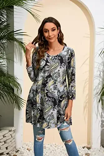 ENMAIN Women's Tops 3/4 Sleeve Dressy Casual Plus Size Tunic Tops to Wear with Leggings Swing Flare T-Shirt Loose Fit Blouses - 3