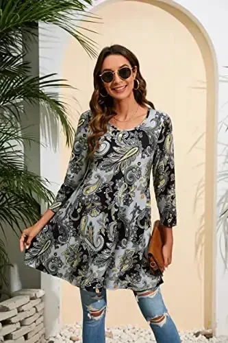 ENMAIN Women's Tops 3/4 Sleeve Dressy Casual Plus Size Tunic Tops to Wear with Leggings Swing Flare T-Shirt Loose Fit Blouses - 4