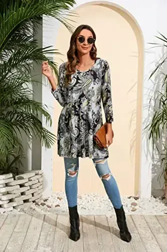 ENMAIN Women's Tops 3/4 Sleeve Dressy Casual Plus Size Tunic Tops to Wear with Leggings Swing Flare T-Shirt Loose Fit Blouses - 5