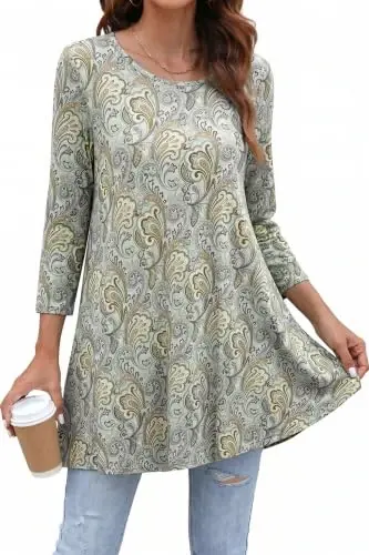 ENMAIN Women's Tops 3/4 Sleeve Dressy Casual Plus Size Tunic Tops to Wear with Leggings Swing Flare T-Shirt Loose Fit Blouses 