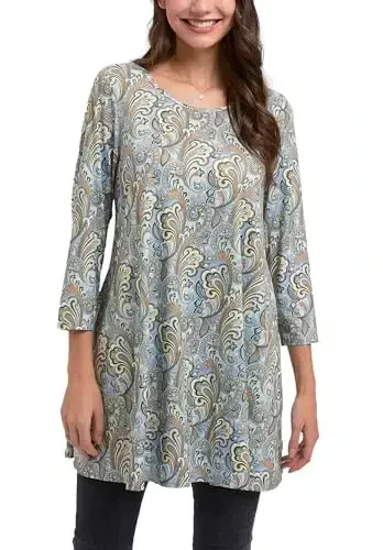 ENMAIN Women's Tops 3/4 Sleeve Dressy Casual Plus Size Tunic Tops to Wear with Leggings Swing Flare T-Shirt Loose Fit Blouses 
