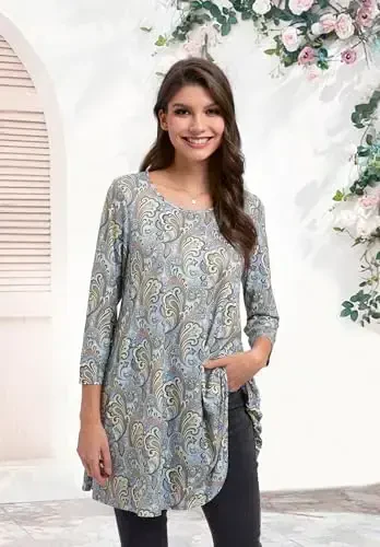 ENMAIN Women's Tops 3/4 Sleeve Dressy Casual Plus Size Tunic Tops to Wear with Leggings Swing Flare T-Shirt Loose Fit Blouses - 2