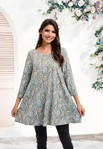 ENMAIN Women's Tops 3/4 Sleeve Dressy Casual Plus Size Tunic Tops to Wear with Leggings Swing Flare T-Shirt Loose Fit Blouses - 4