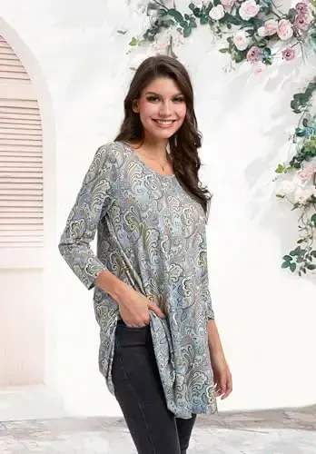 ENMAIN Women's Tops 3/4 Sleeve Dressy Casual Plus Size Tunic Tops to Wear with Leggings Swing Flare T-Shirt Loose Fit Blouses - 5