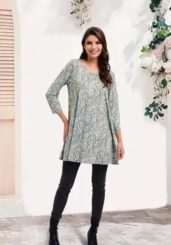 ENMAIN Women's Tops 3/4 Sleeve Dressy Casual Plus Size Tunic Tops to Wear with Leggings Swing Flare T-Shirt Loose Fit Blouses - 6