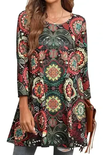 ENMAIN Women's Tops 3/4 Sleeve Dressy Casual Plus Size Tunic Tops to Wear with Leggings Swing Flare T-Shirt Loose Fit Blouses - MODAZONE