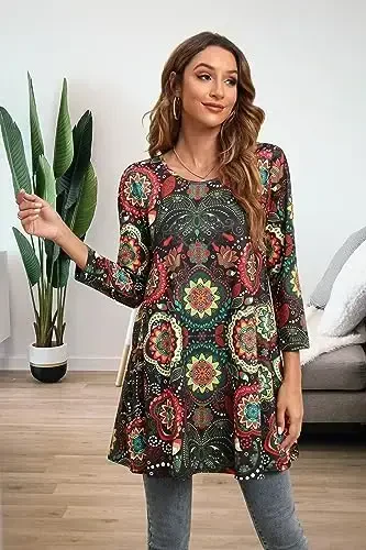 ENMAIN Women's Tops 3/4 Sleeve Dressy Casual Plus Size Tunic Tops to Wear with Leggings Swing Flare T-Shirt Loose Fit Blouses - 2