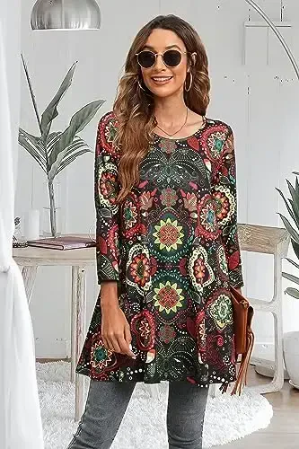 ENMAIN Women's Tops 3/4 Sleeve Dressy Casual Plus Size Tunic Tops to Wear with Leggings Swing Flare T-Shirt Loose Fit Blouses - 3