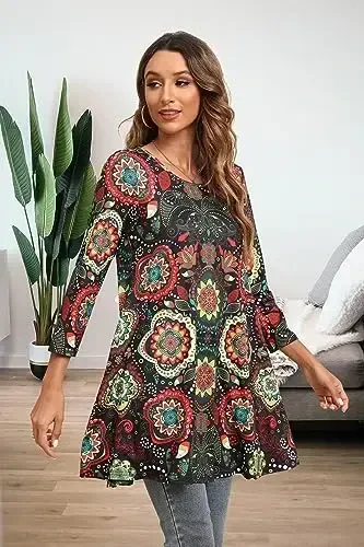 ENMAIN Women's Tops 3/4 Sleeve Dressy Casual Plus Size Tunic Tops to Wear with Leggings Swing Flare T-Shirt Loose Fit Blouses - 4