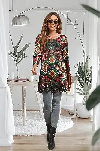 ENMAIN Women's Tops 3/4 Sleeve Dressy Casual Plus Size Tunic Tops to Wear with Leggings Swing Flare T-Shirt Loose Fit Blouses - 5