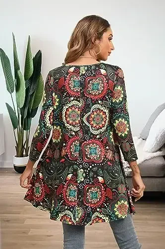 ENMAIN Women's Tops 3/4 Sleeve Dressy Casual Plus Size Tunic Tops to Wear with Leggings Swing Flare T-Shirt Loose Fit Blouses - 6