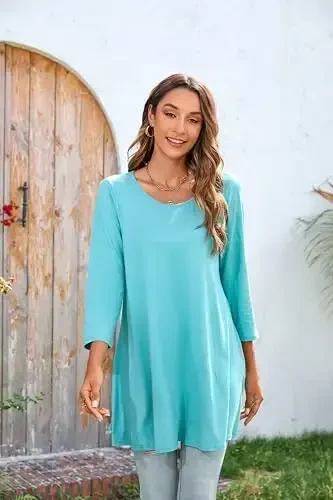 ENMAIN Women's Tops 3/4 Sleeve Dressy Casual Plus Size Tunic Tops to Wear with Leggings Swing Flare T-Shirt Loose Fit Blouses - 3