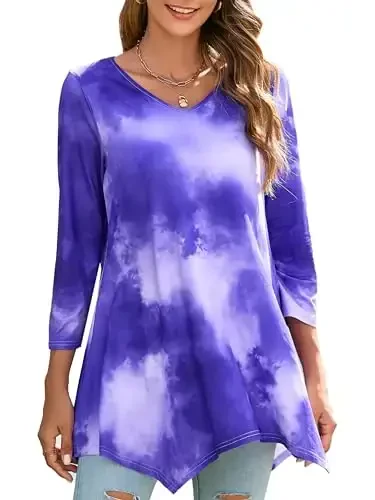 ENMAIN Women's Tops 3/4 Sleeve Dressy Casual Plus Size Tunic Tops to Wear with Leggings Swing Flare T-Shirt Loose Fit Blouses 