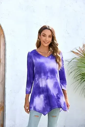 ENMAIN Women's Tops 3/4 Sleeve Dressy Casual Plus Size Tunic Tops to Wear with Leggings Swing Flare T-Shirt Loose Fit Blouses - 3