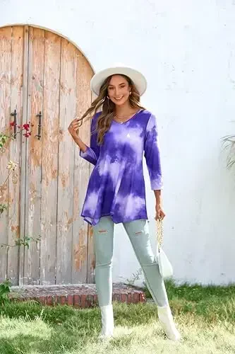 ENMAIN Women's Tops 3/4 Sleeve Dressy Casual Plus Size Tunic Tops to Wear with Leggings Swing Flare T-Shirt Loose Fit Blouses - 5