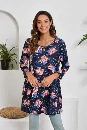 ENMAIN Women's Tops 3/4 Sleeve Dressy Casual Plus Size Tunic Tops to Wear with Leggings Swing Flare T-Shirt Loose Fit Blouses - 3