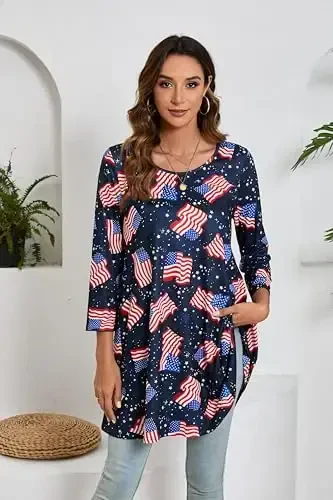 ENMAIN Women's Tops 3/4 Sleeve Dressy Casual Plus Size Tunic Tops to Wear with Leggings Swing Flare T-Shirt Loose Fit Blouses - 4