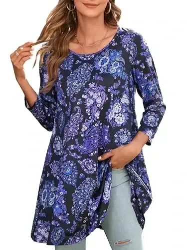 ENMAIN Women's Tops 3/4 Sleeve Dressy Casual Plus Size Tunic Tops to Wear with Leggings Swing Flare T-Shirt Loose Fit Blouses 