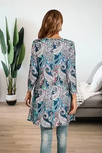 ENMAIN Women's Tops 3/4 Sleeve Dressy Casual Plus Size Tunic Tops to Wear with Leggings Swing Flare T-Shirt Loose Fit Blouses - 6